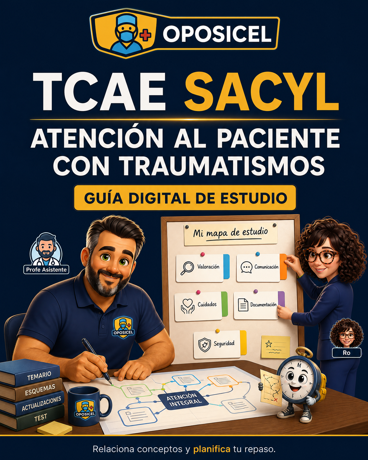 Portada OPOSICEL: TCAE SACYL: Atención al paciente con traumatismos. Recurso digital de preparación de oposiciones.