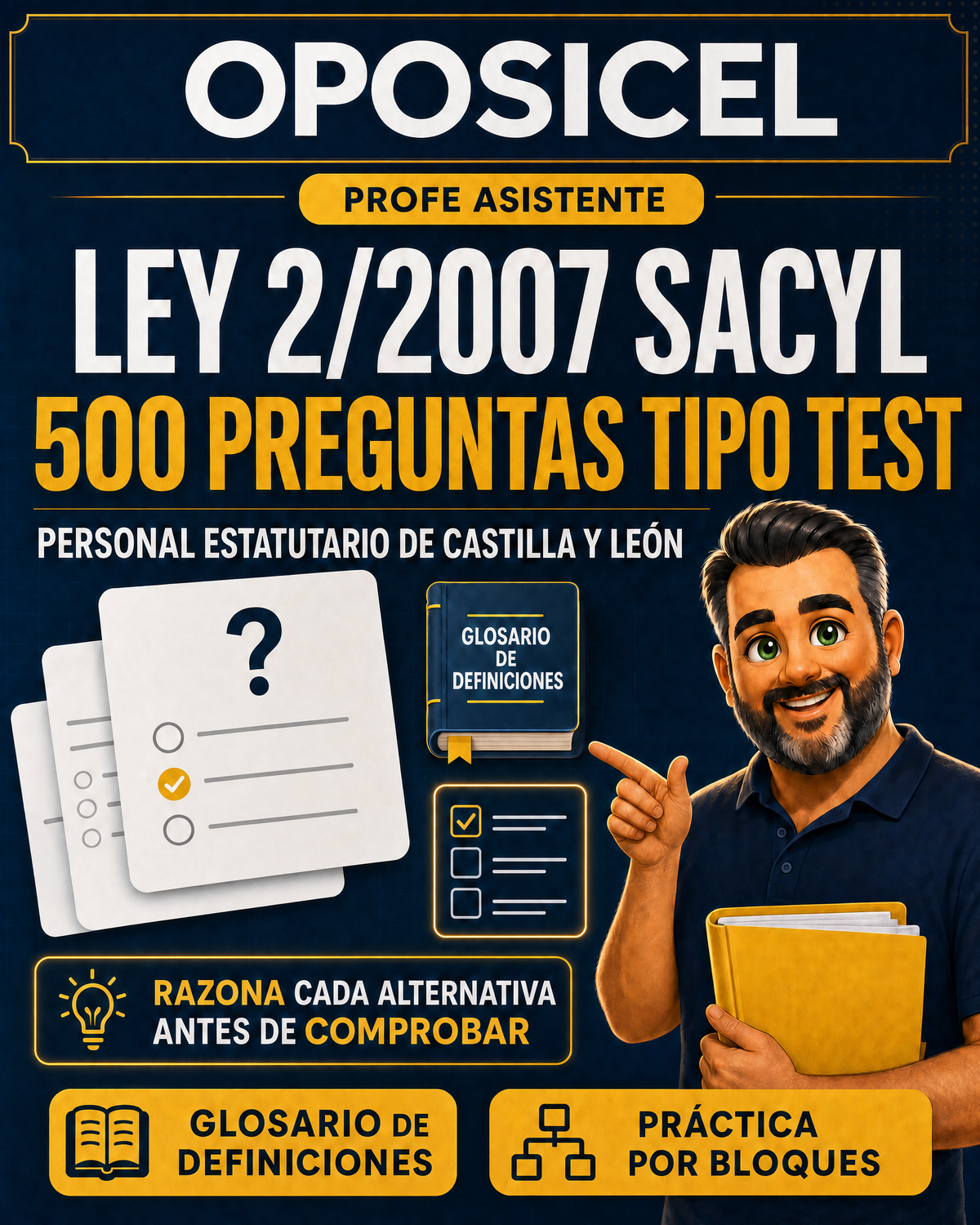 OPOSICEL: portada del test digital de 500 preguntas de la Ley 2/2007 SACYL con el Profe Asistente