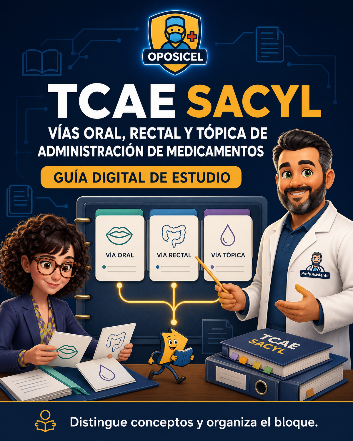 Portada OPOSICEL: TCAE SACYL: Vías oral, rectal y tópica de administración de medicamentos. Recurso digital de preparación de oposiciones.
