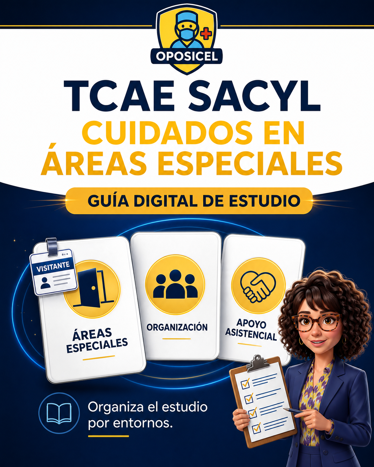 Portada OPOSICEL: TCAE SACYL: Cuidados en Áreas Especiales. Recurso digital de preparación de oposiciones.