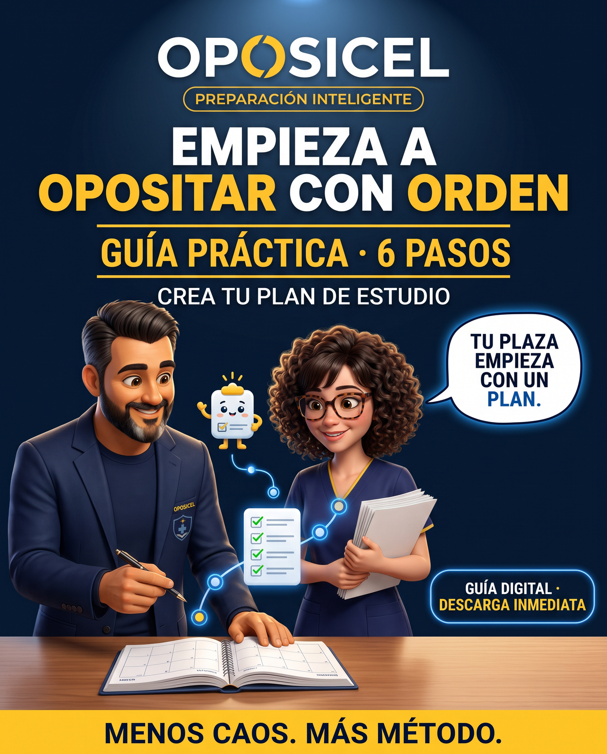 Portada OPOSICEL de la guía digital con seis pasos para crear un plan de estudio para oposiciones.