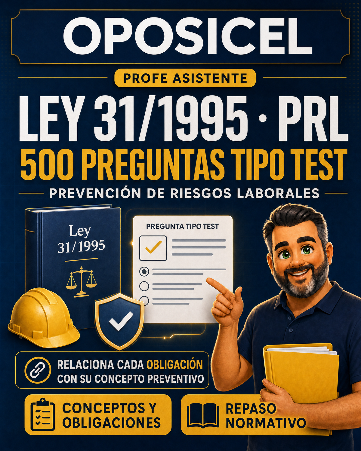 OPOSICEL: portada del test digital de PRL Ley 31/1995 con 500 preguntas y Profe Asistente