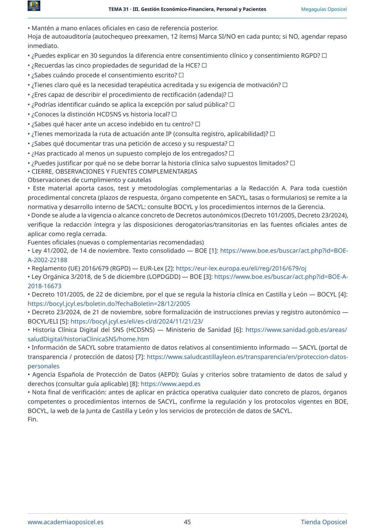 Administrativo SACYL · Tema 31: Autonomía del paciente e historia clínica