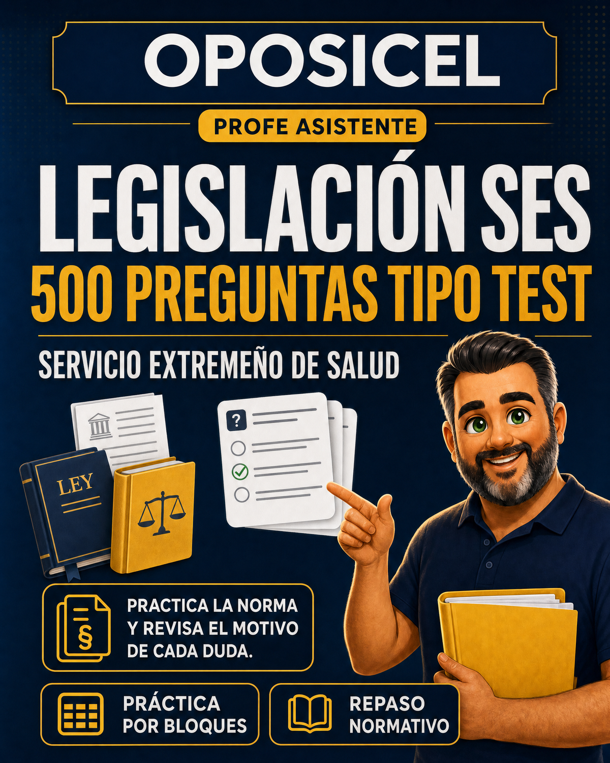 OPOSICEL: portada del test de legislación SES con 500 preguntas y Profe Asistente