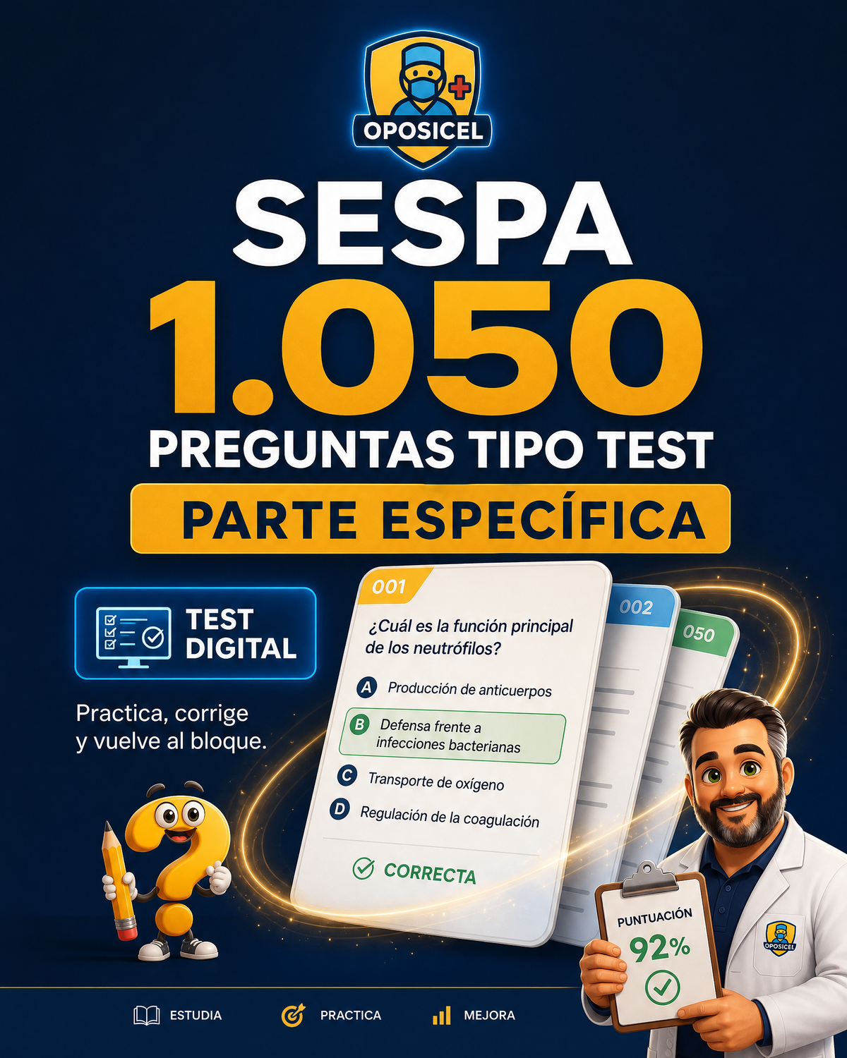 Portada OPOSICEL: SESPA: 1.050 Preguntas Tipo Test — Parte Específica. Recurso digital de preparación de oposiciones.