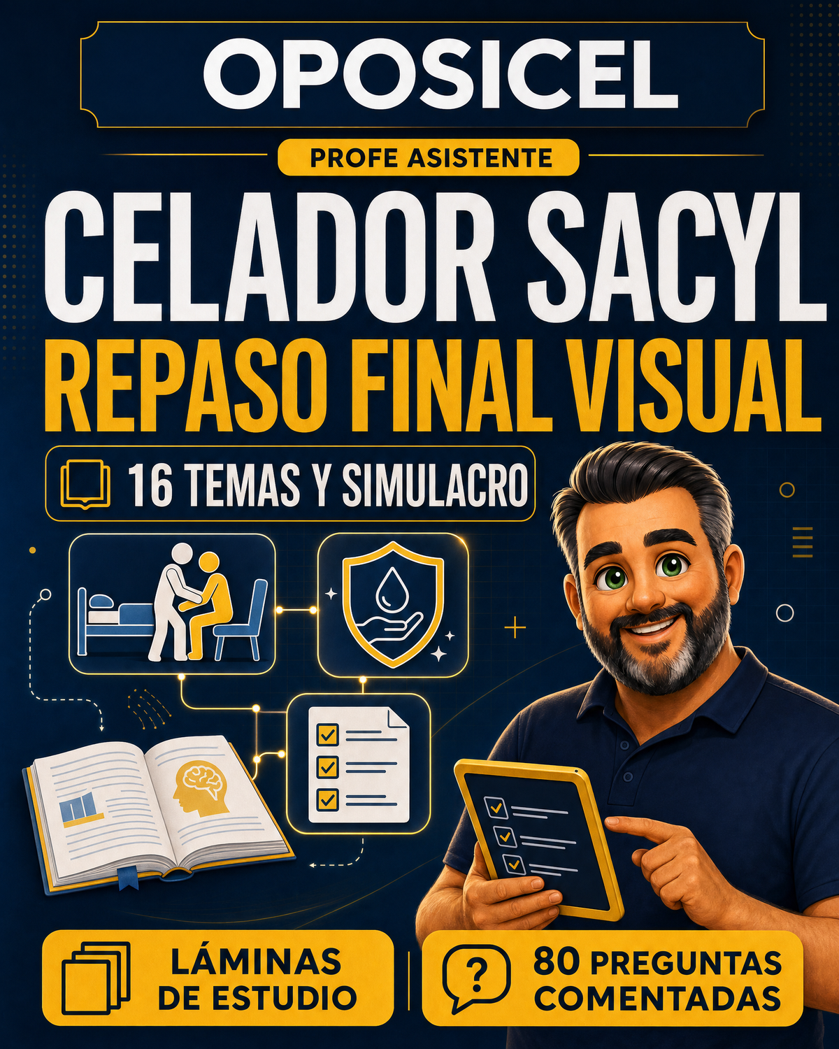 OPOSICEL: portada del repaso final visual de Celador SACYL, 16 temas y simulacro, con el Profe Asistente