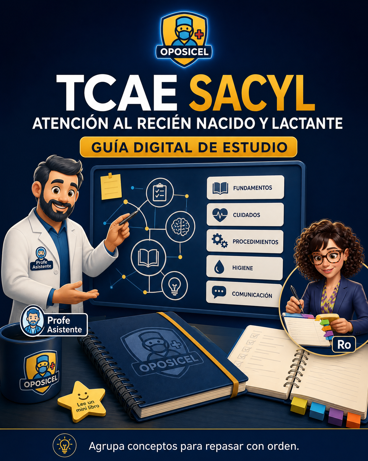 Portada OPOSICEL: TCAE SACYL: Atención al recién nacido y lactante. Recurso digital de preparación de oposiciones.