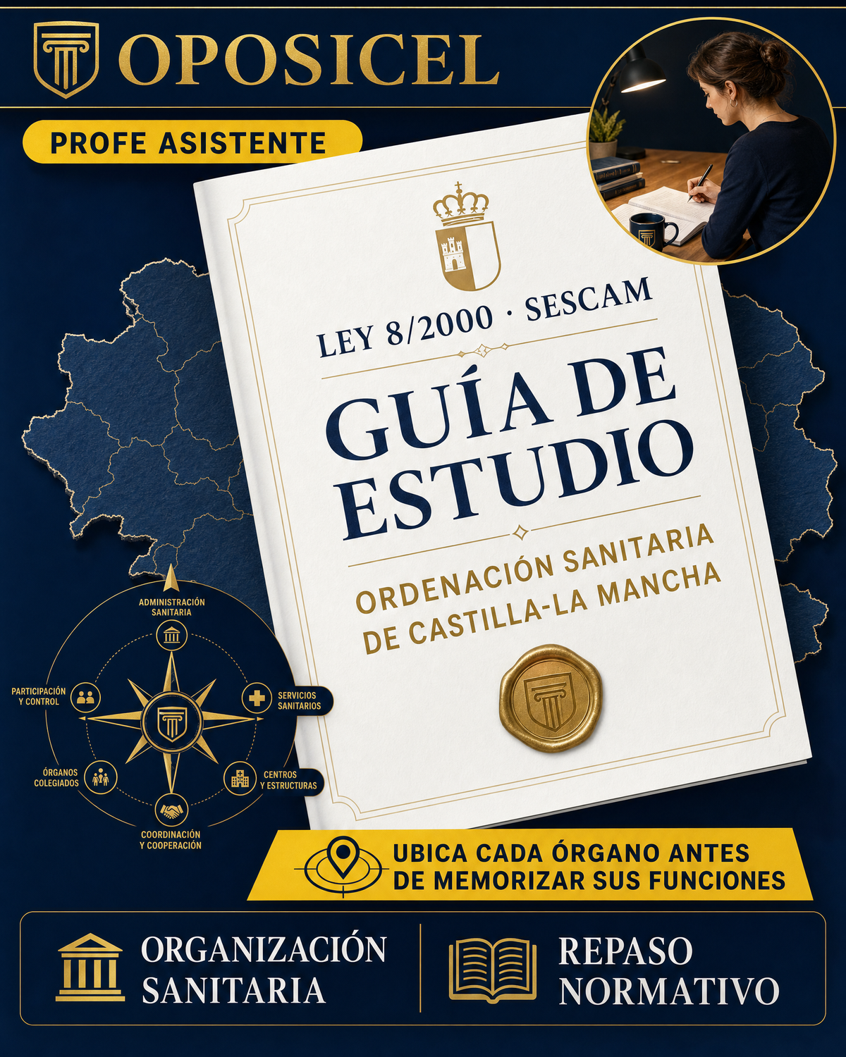 OPOSICEL: portada de la guía Ley 8/2000 SESCAM con Profe Asistente en composición editorial
