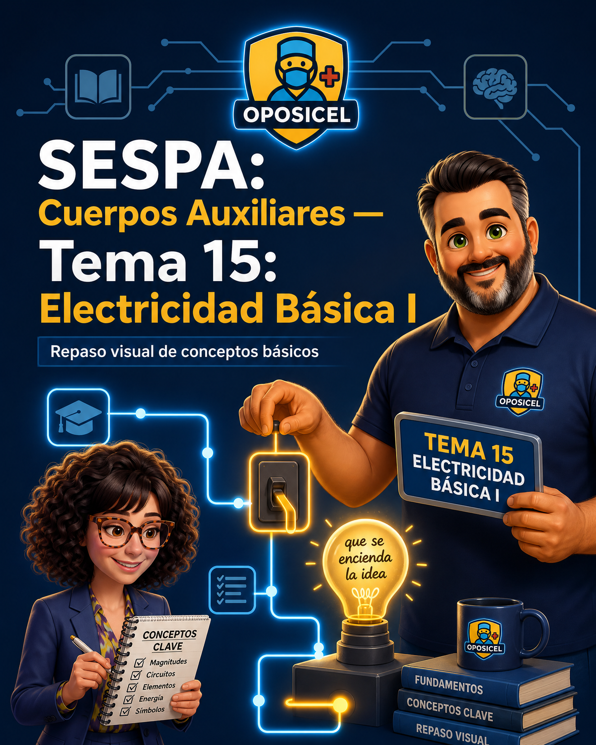 OPOSICEL — SESPA: Cuerpos Auxiliares — Tema 15: Electricidad Básica I — Guía digital de estudio