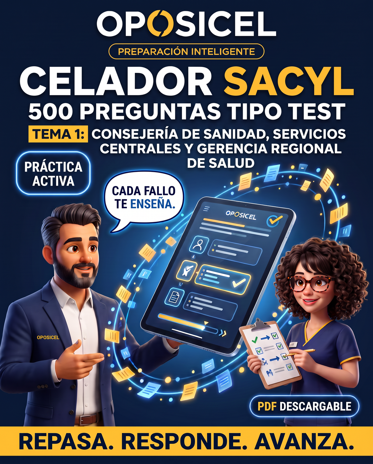 Portada OPOSICEL del test de 500 preguntas tipo test para Celador SACYL: Tema 1 Consejería de Sanidad, servicios centrales y Gerencia Regional de Salud, en PDF descargable.