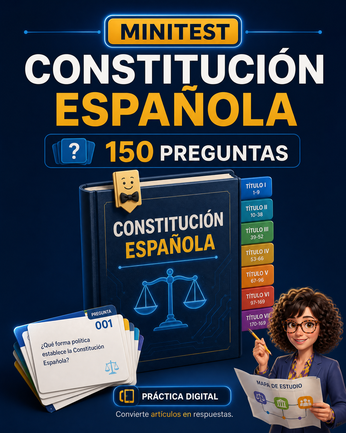 Portada OPOSICEL: Minitest: Constitución Española — 150 Preguntas. Recurso digital de preparación de oposiciones.