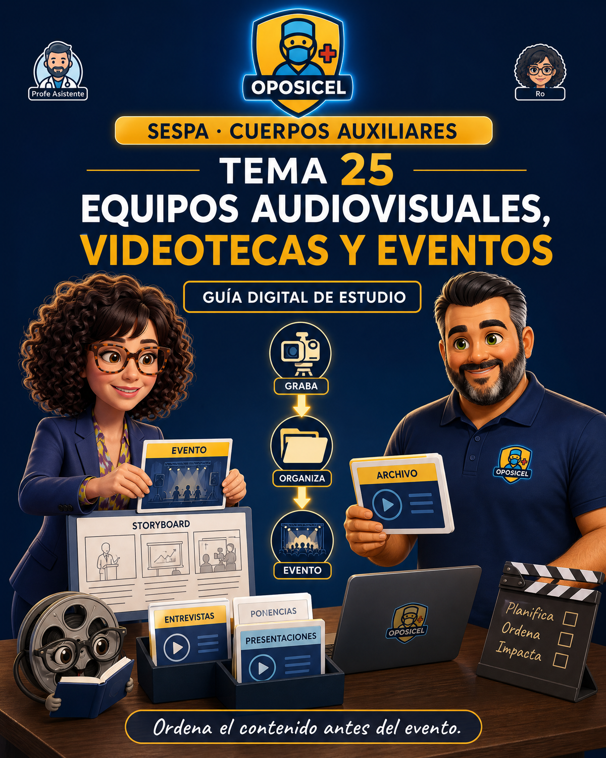 Portada OPOSICEL: SESPA: Tema 25 — Equipos Audiovisuales, Videotecas y Eventos. Recurso digital de preparación de oposiciones.