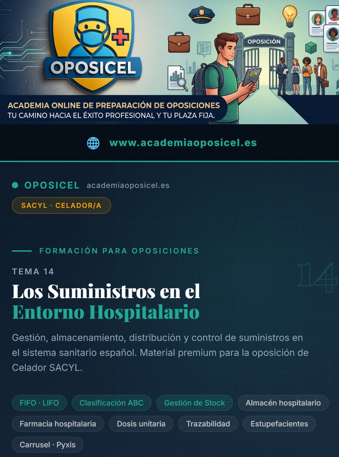 Academiaoposicel.es TEMA 14 · Los Suministros en el Entorno Hospitalario — Guía Completa para Celador SACYL