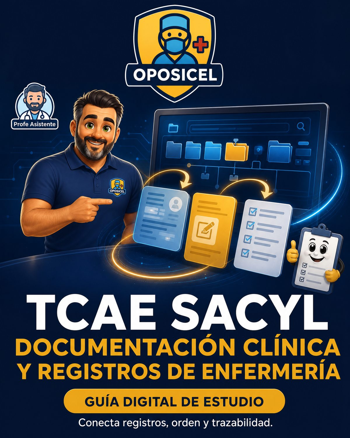 Portada OPOSICEL: TCAE SACYL: Documentación Clínica y Registros de Enfermería. Recurso digital de preparación de oposiciones.