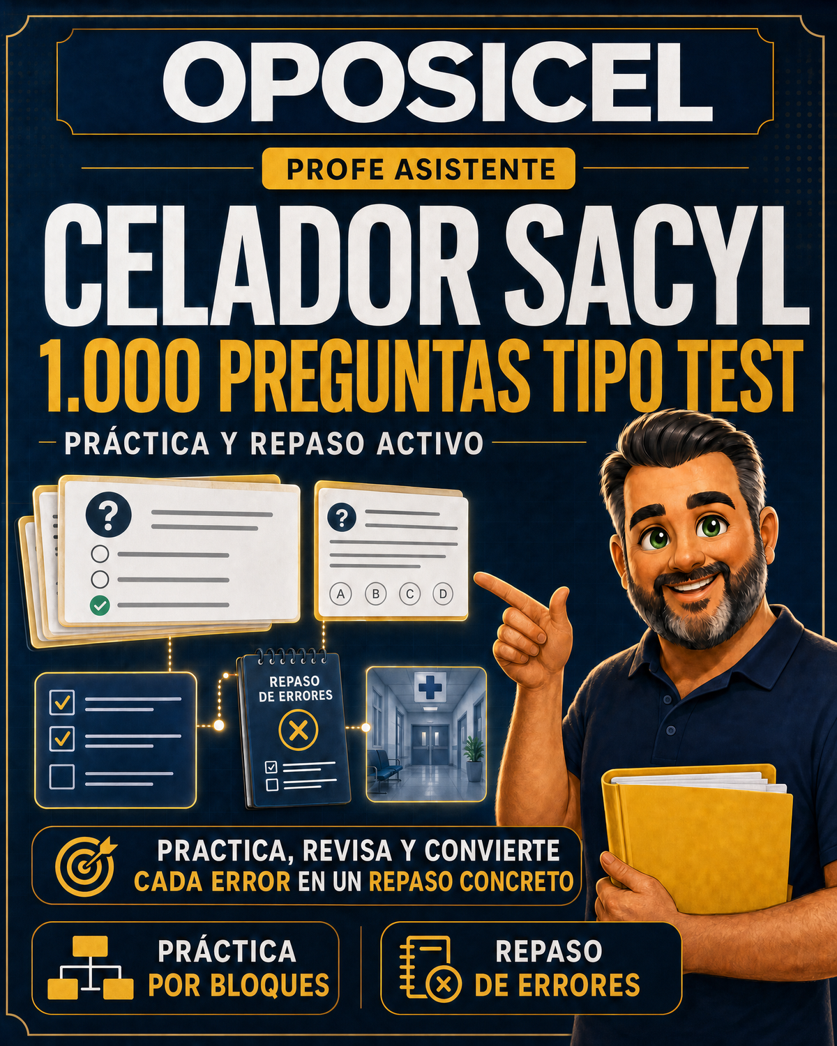 OPOSICEL: portada del test digital de Celador SACYL con 1.000 preguntas tipo test y Profe Asistente
