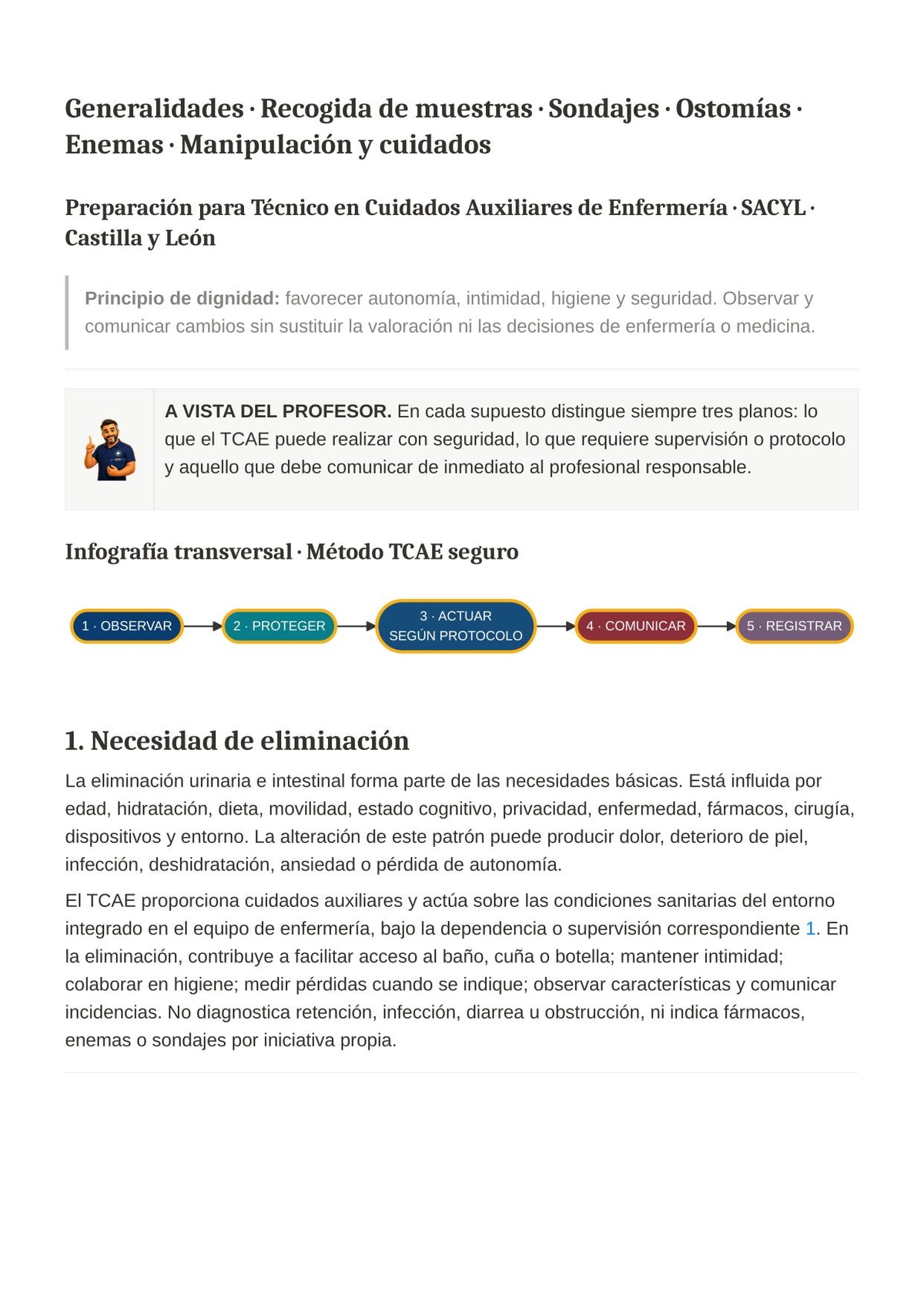 TCAE SACYL: Necesidades de eliminación y cuidados asociados