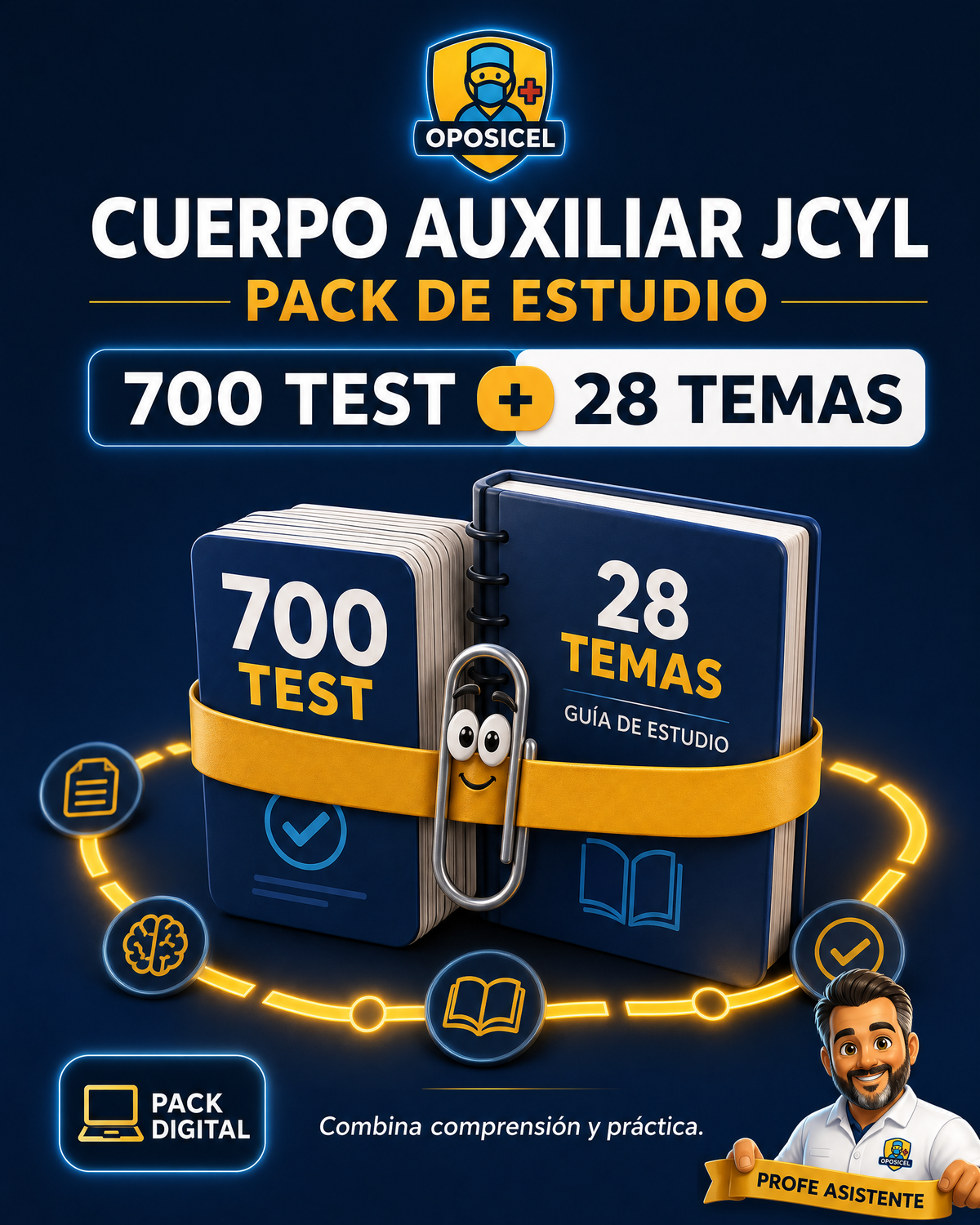 OPOSICEL · Cuerpo Auxiliar JCyL: Pack de Estudio — 700 Test y 28 Temas · Digital PDF