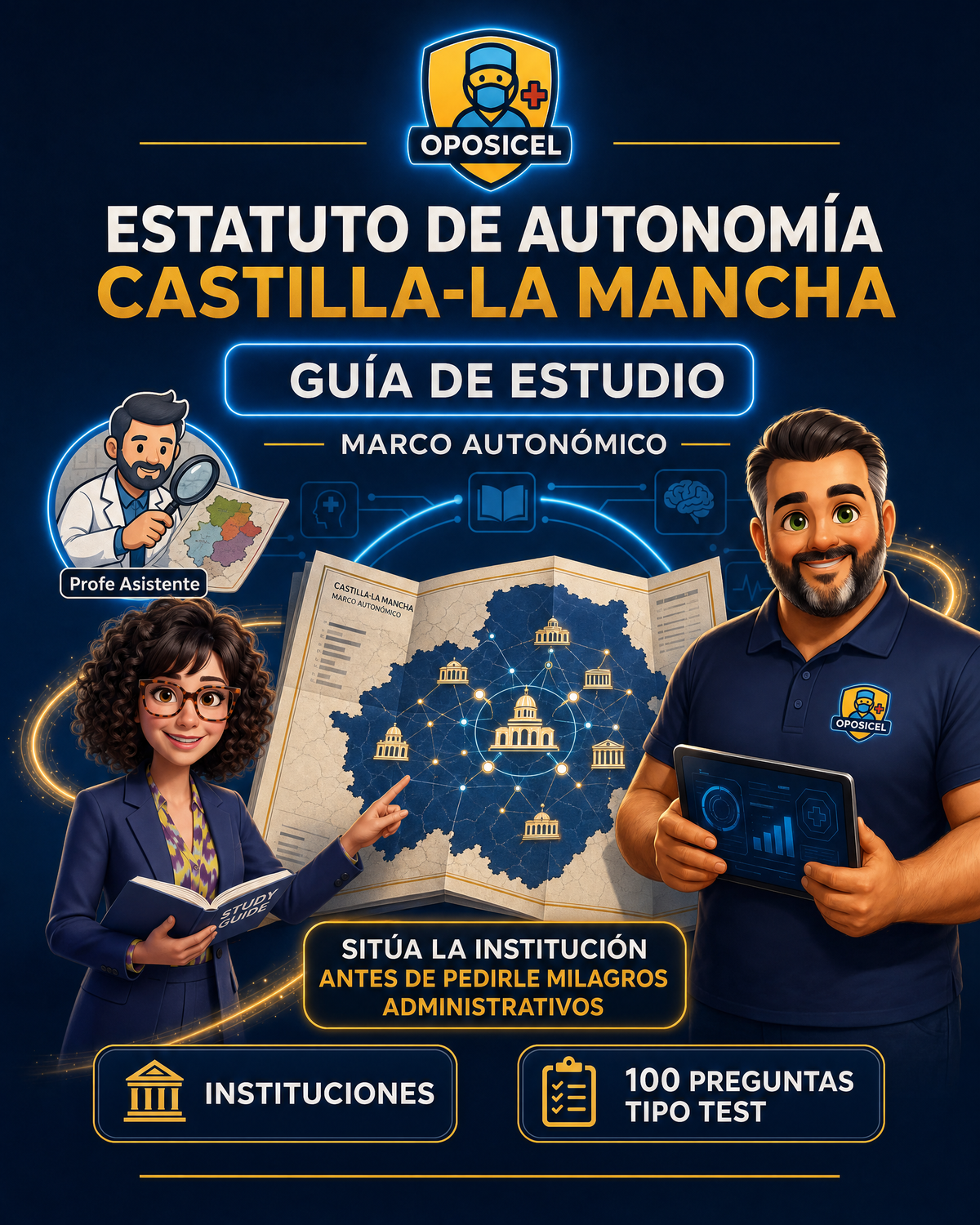 OPOSICEL: portada del Estatuto de Autonomía de Castilla-La Mancha con Profe Asistente y mapa institucional