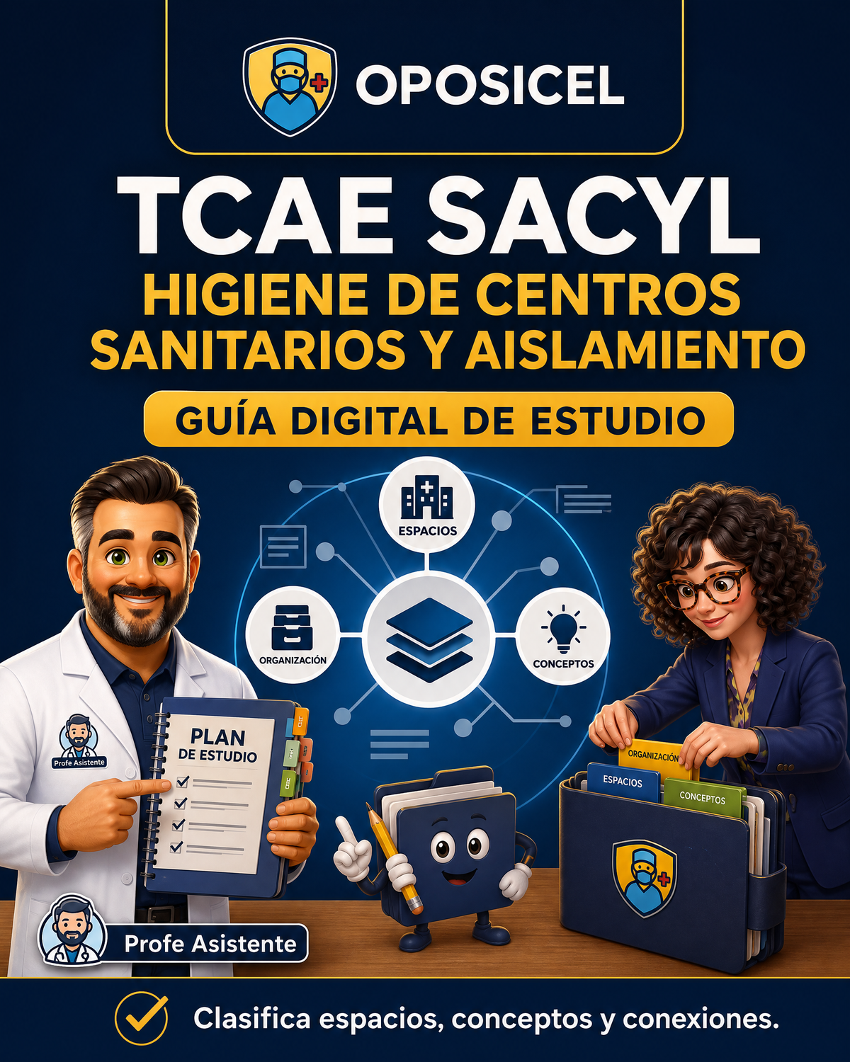 Portada OPOSICEL: TCAE SACYL: Higiene de centros sanitarios y aislamiento. Recurso digital de preparación de oposiciones.