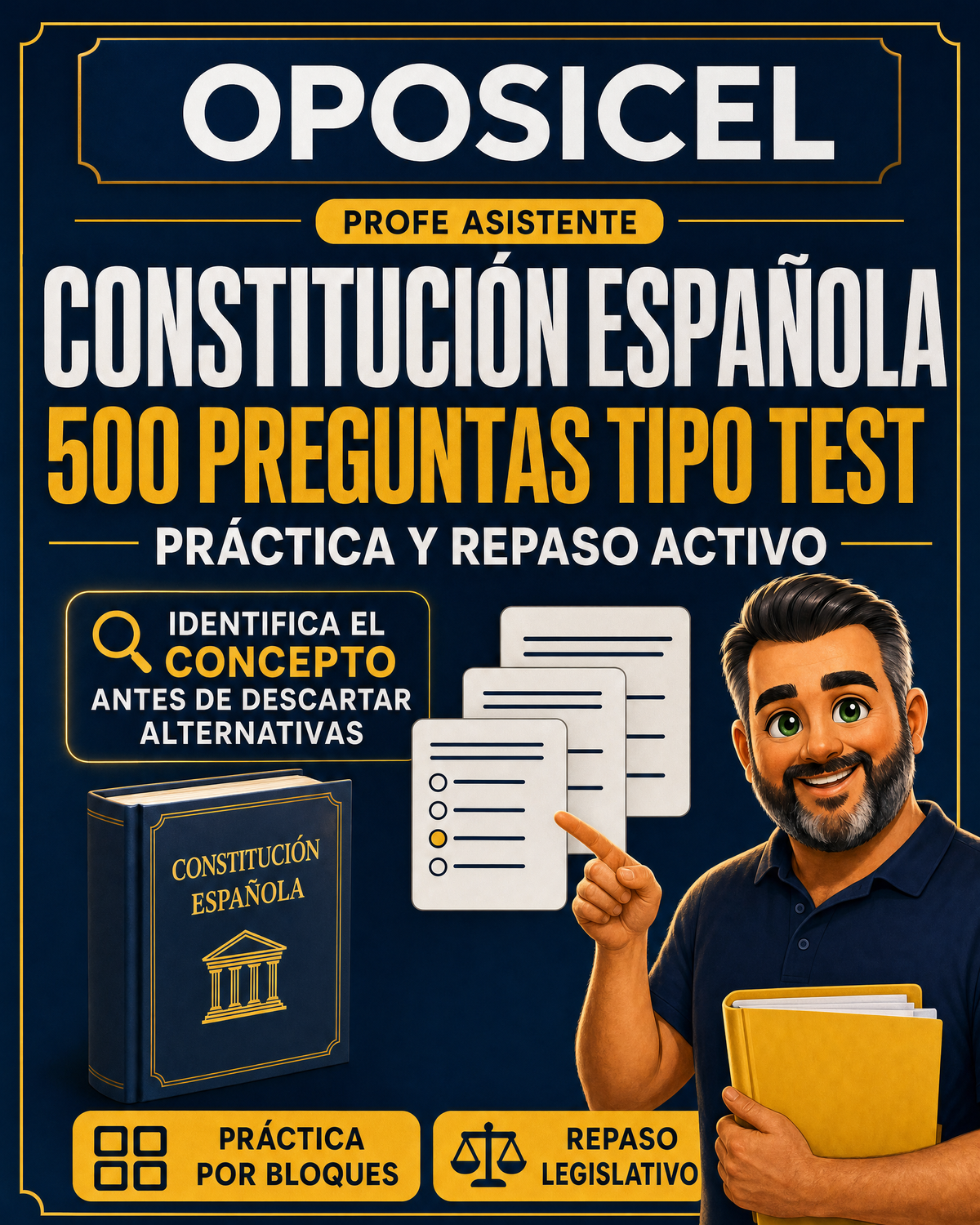 OPOSICEL: portada del test de Constitución Española con 500 preguntas y Profe Asistente