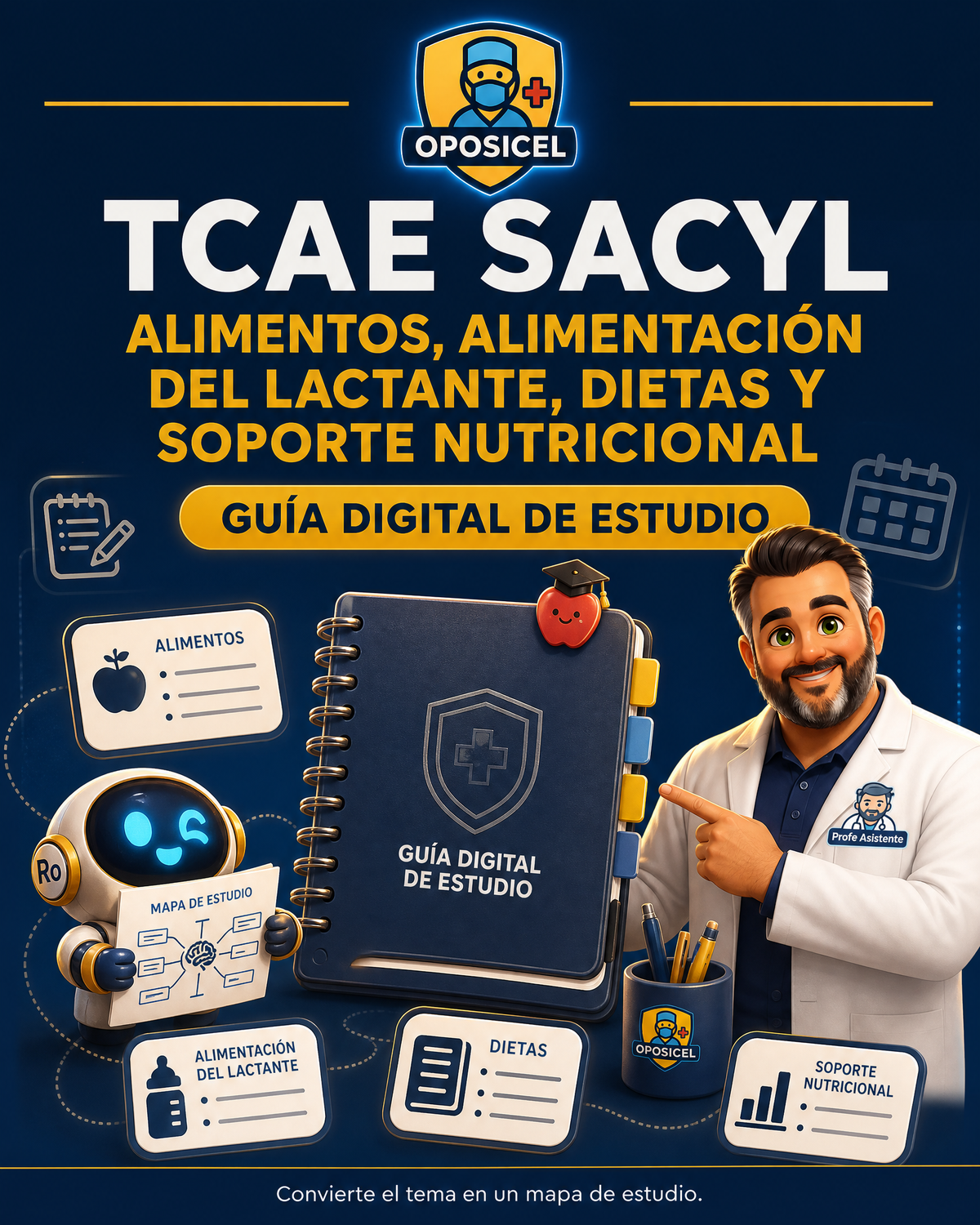 Portada OPOSICEL: TCAE SACYL: Alimentos, alimentación del lactante, dietas y soporte nutricional. Recurso digital de preparación de oposiciones.