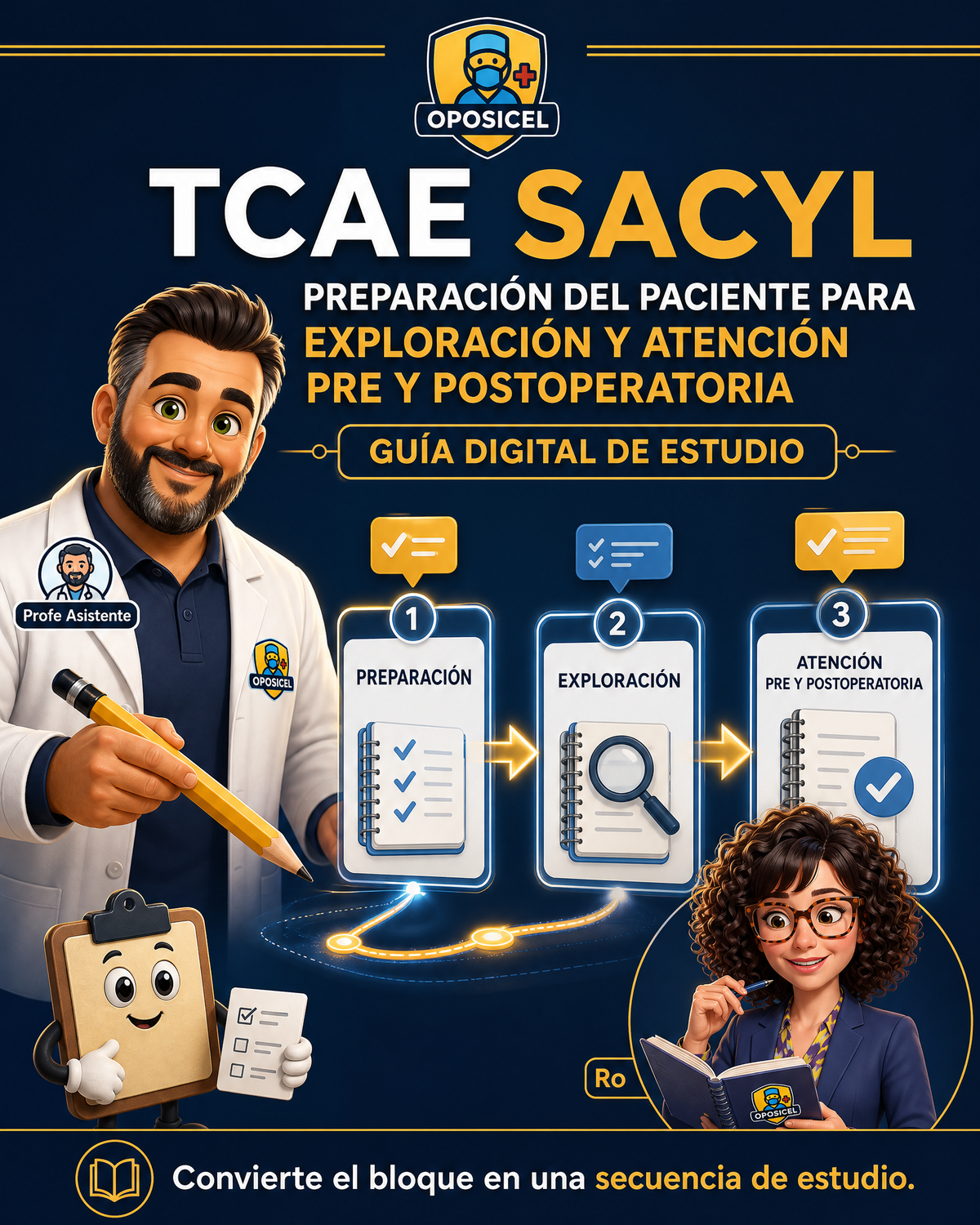 Portada OPOSICEL: TCAE SACYL: Preparación del paciente para exploración y atención pre y postoperatoria. Recurso digital de preparación de oposiciones.