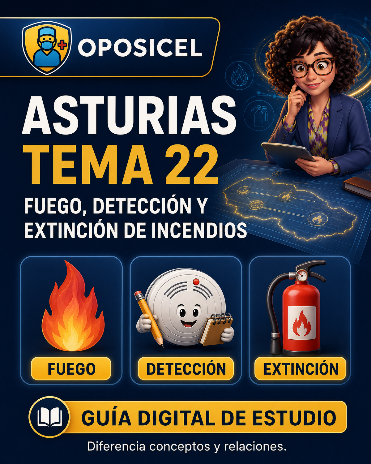 Portada OPOSICEL: Asturias: Tema 22 — Fuego, Detección y Extinción de Incendios. Recurso digital de preparación de oposiciones.