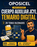 OPOSICEL: portada del temario digital de Cuerpo Auxiliar JCyL, 28 temas razonados, con el Profe Asistente