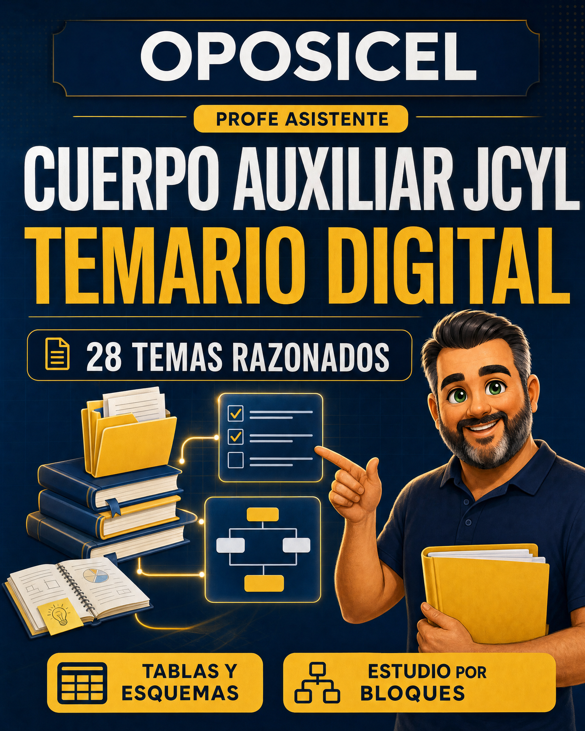 OPOSICEL: portada del temario digital de Cuerpo Auxiliar JCyL, 28 temas razonados, con el Profe Asistente