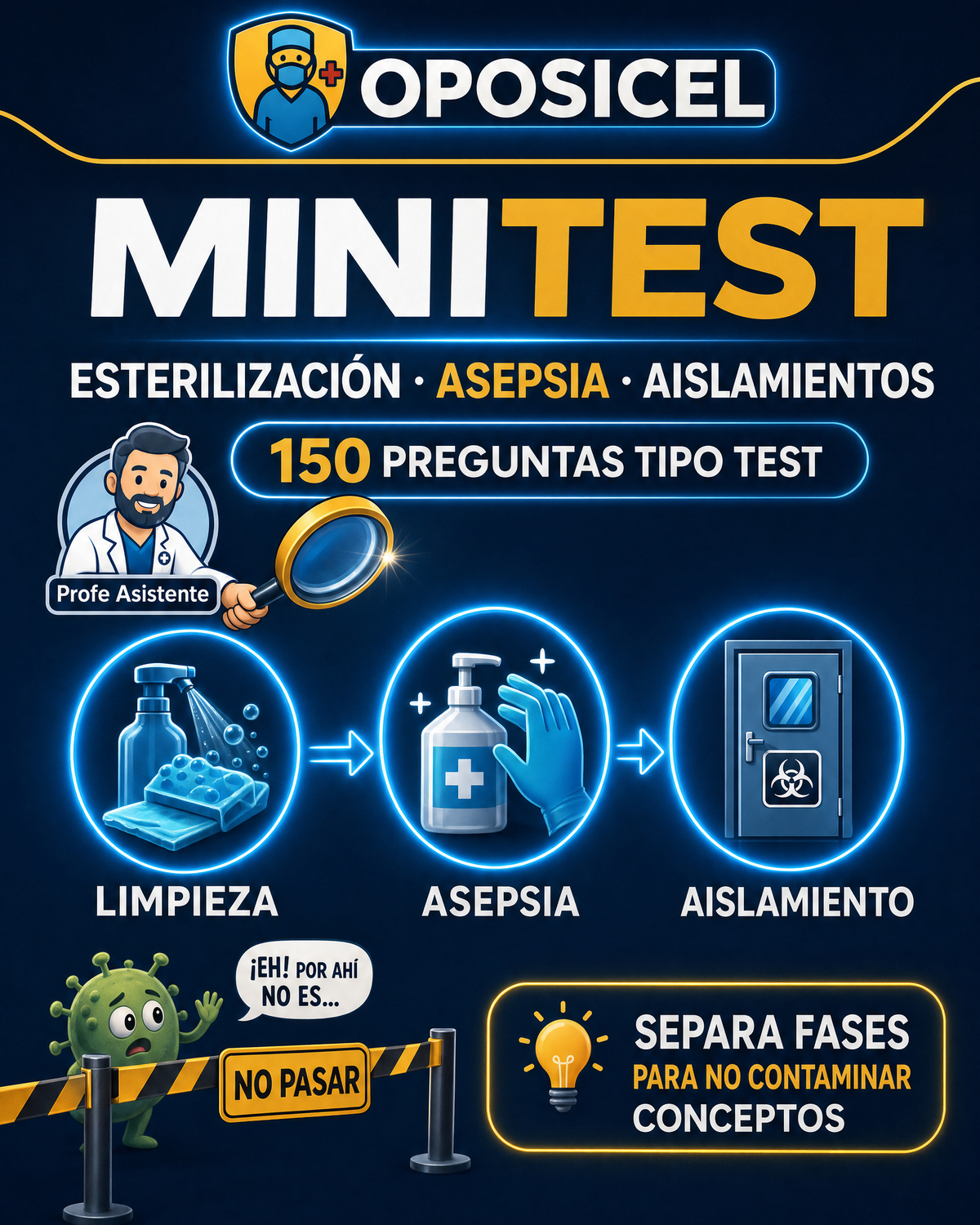 OPOSICEL: portada de Minitest de esterilización, asepsia y aislamientos