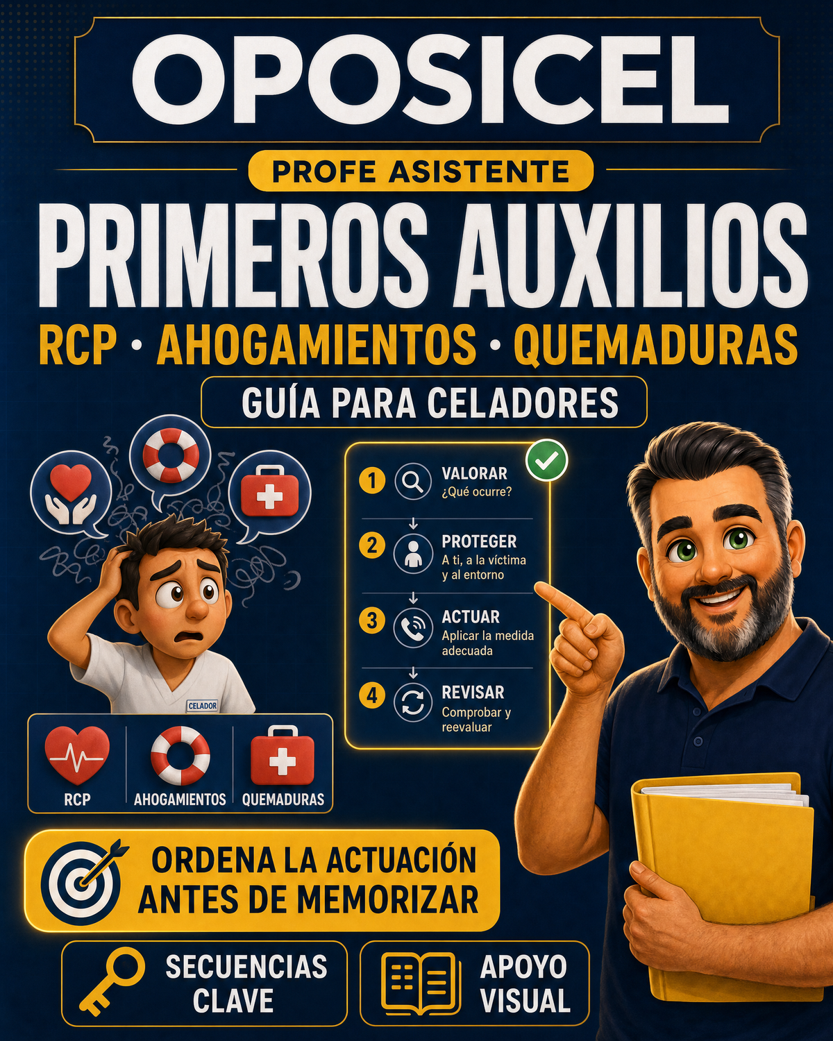 OPOSICEL: portada de la guía digital de primeros auxilios para celadores con el Profe Asistente