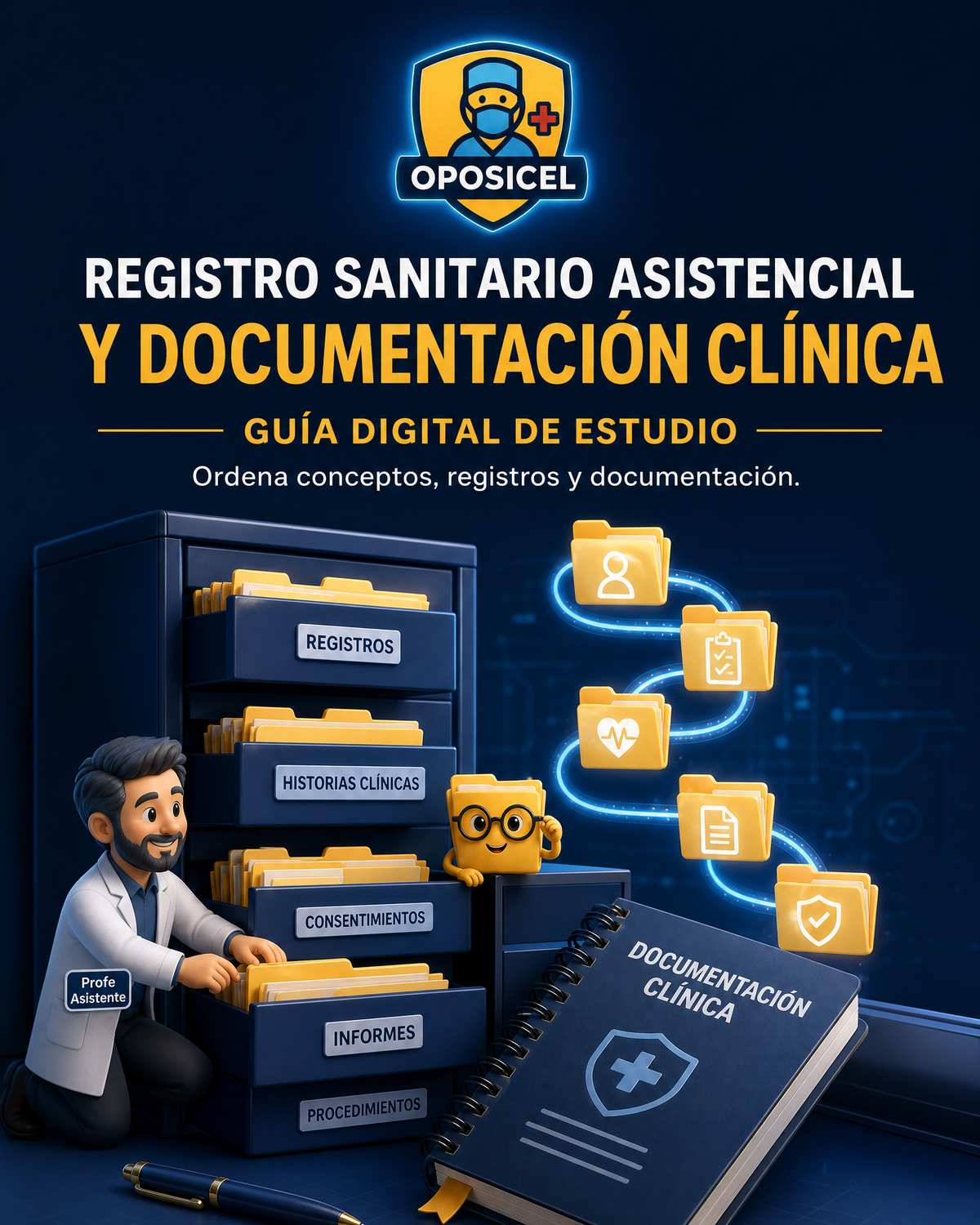 Portada OPOSICEL: Registro Sanitario Asistencial y Documentación Clínica. Recurso digital de preparación de oposiciones.
