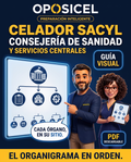 Portada OPOSICEL de la guía visual para Celador SACYL sobre Consejería de Sanidad, servicios centrales y organización del organigrama, en PDF descargable.