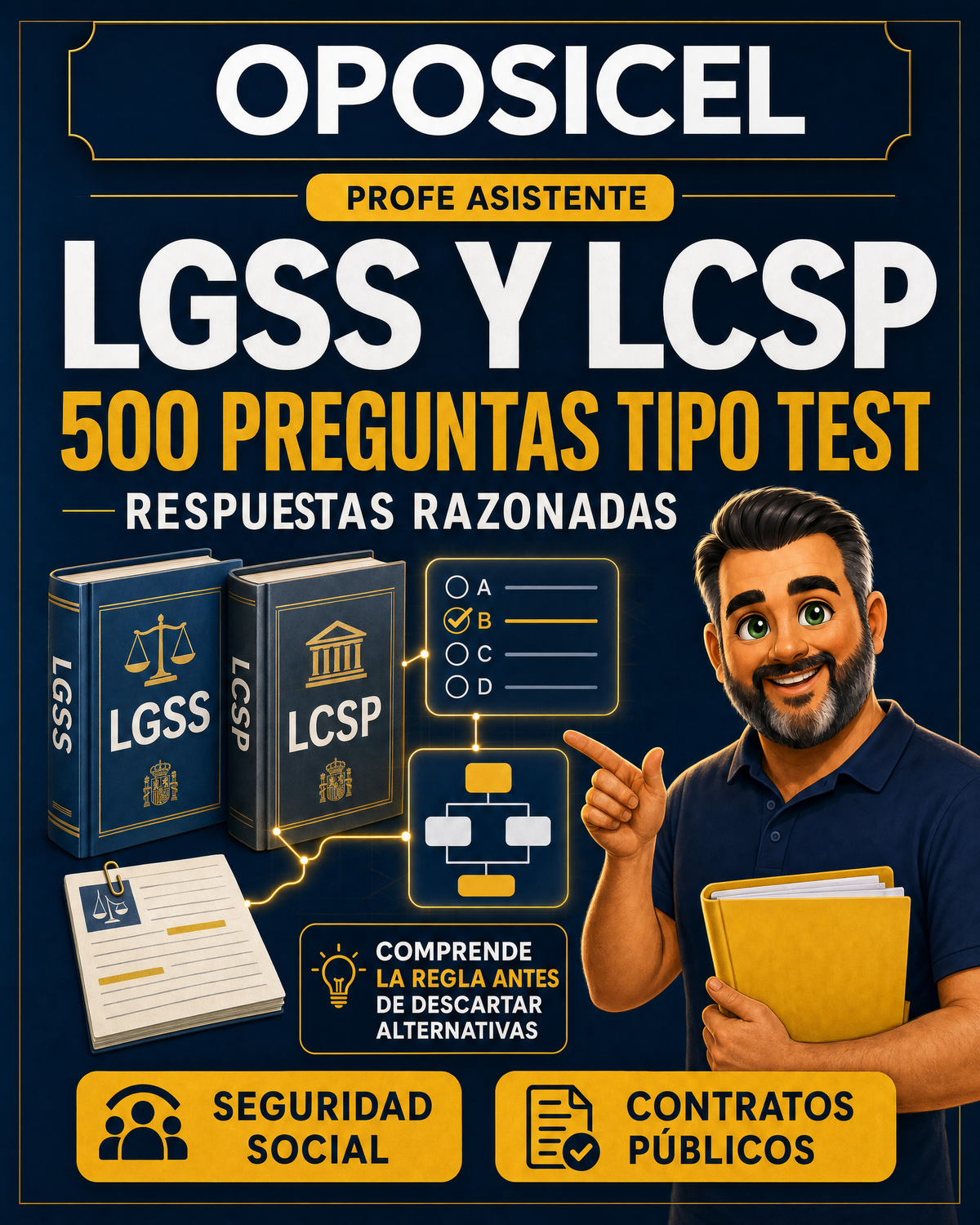 OPOSICEL: portada del test digital LGSS y LCSP con 500 preguntas razonadas y el Profe Asistente