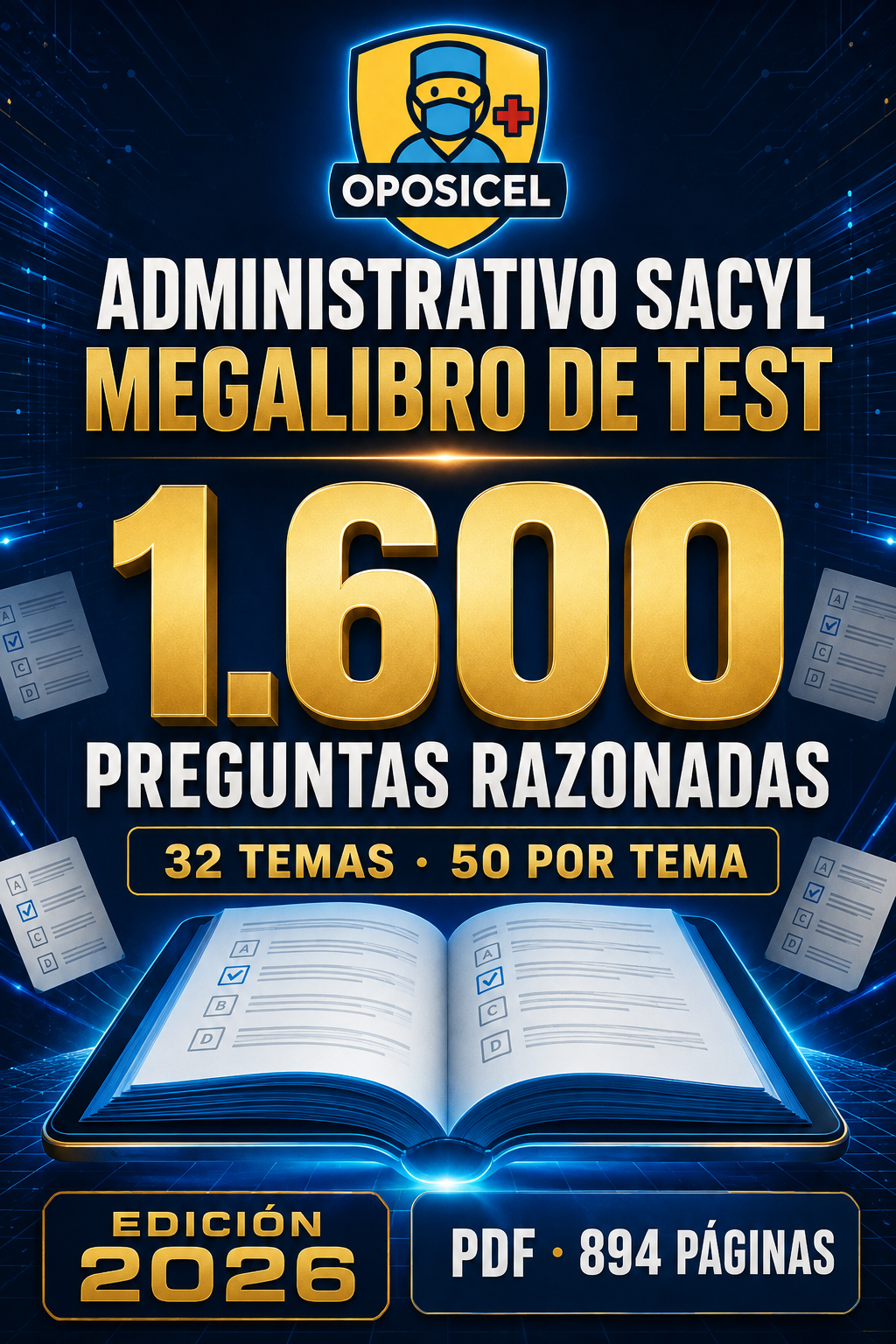 Megalibro OPOSICEL Administrativo SACYL: 1.600 preguntas razonadas, 32 temas, edición 2026