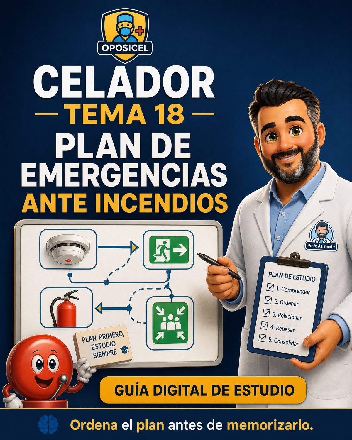 Portada OPOSICEL: Celador: Tema 18 — Plan de Emergencias ante Incendios. Recurso digital de preparación de oposiciones.
