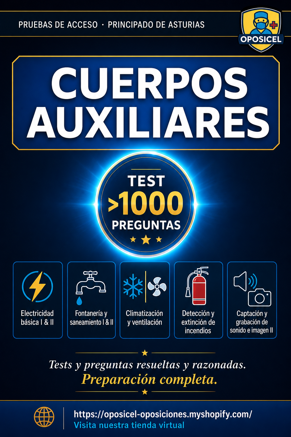 Test 1050 preguntas Premium Principado Asturias Parte Especifica :  - Temario Oficial para Cuerpos Auxiliares