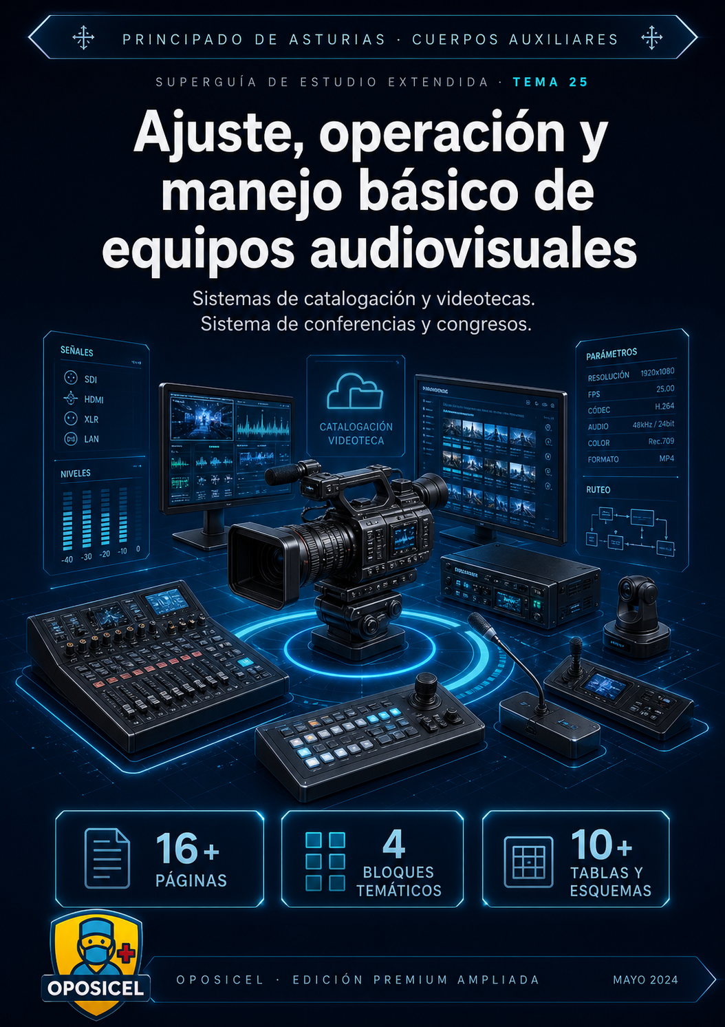 Guía Premium Principado Asturias Tema 25: Ajuste, operación y manejo básico de equipos audiovisuales. catalogación y Videotecas. Conferencias y Congresos - Temario Oficial para Cuerpos Auxiliares
