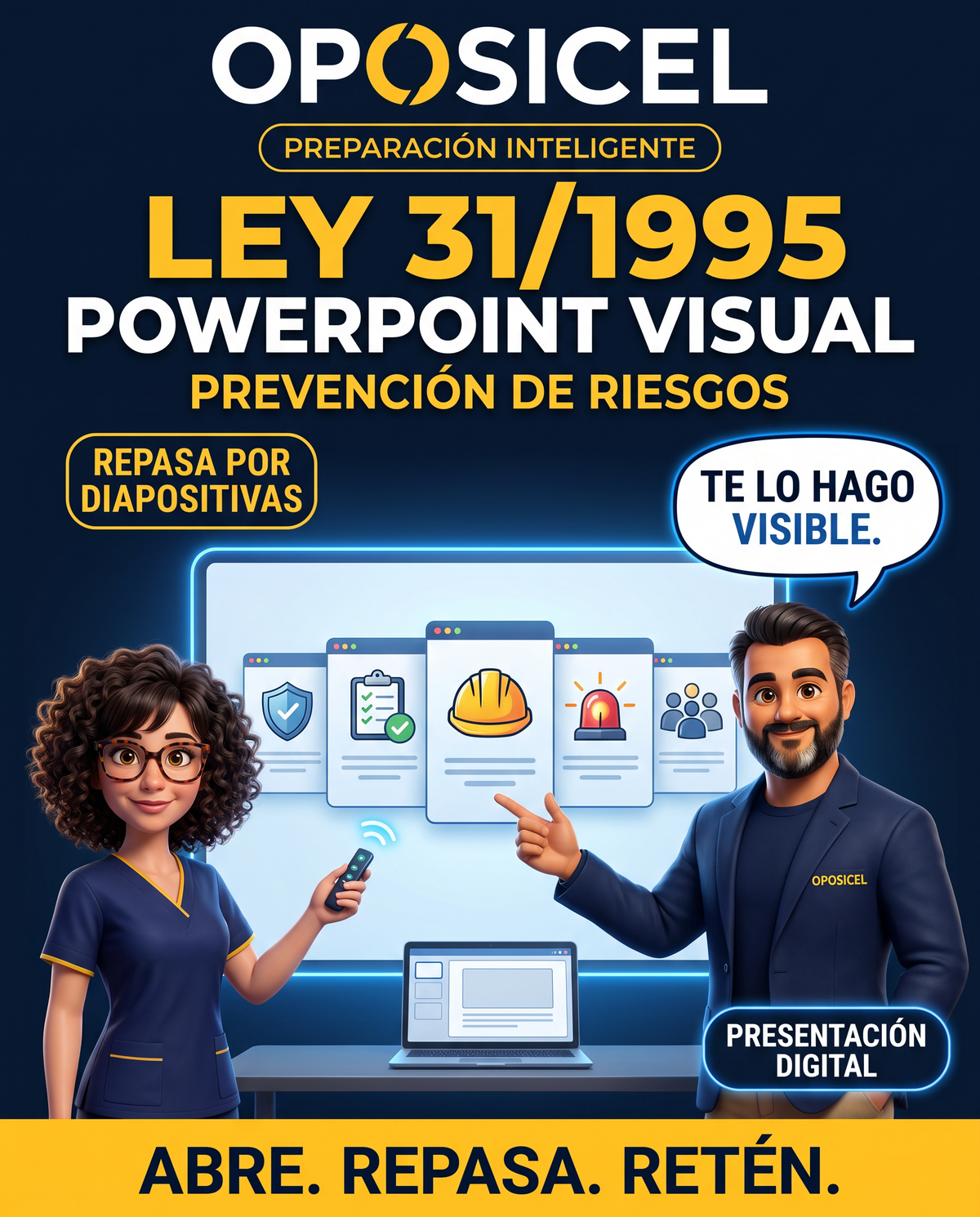 Portada OPOSICEL del PowerPoint visual de la Ley 31/1995 para oposiciones, con repaso por diapositivas de Prevención de Riesgos Laborales.