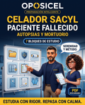 Portada OPOSICEL de la guía de Celador SACYL sobre paciente fallecido, autopsias y mortuorio, con 7 bloques de estudio en PDF descargable.