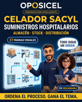Portada OPOSICEL de la guía de suministros hospitalarios para Celador SACYL, con almacén, stock, distribución y 27 páginas visuales en PDF.