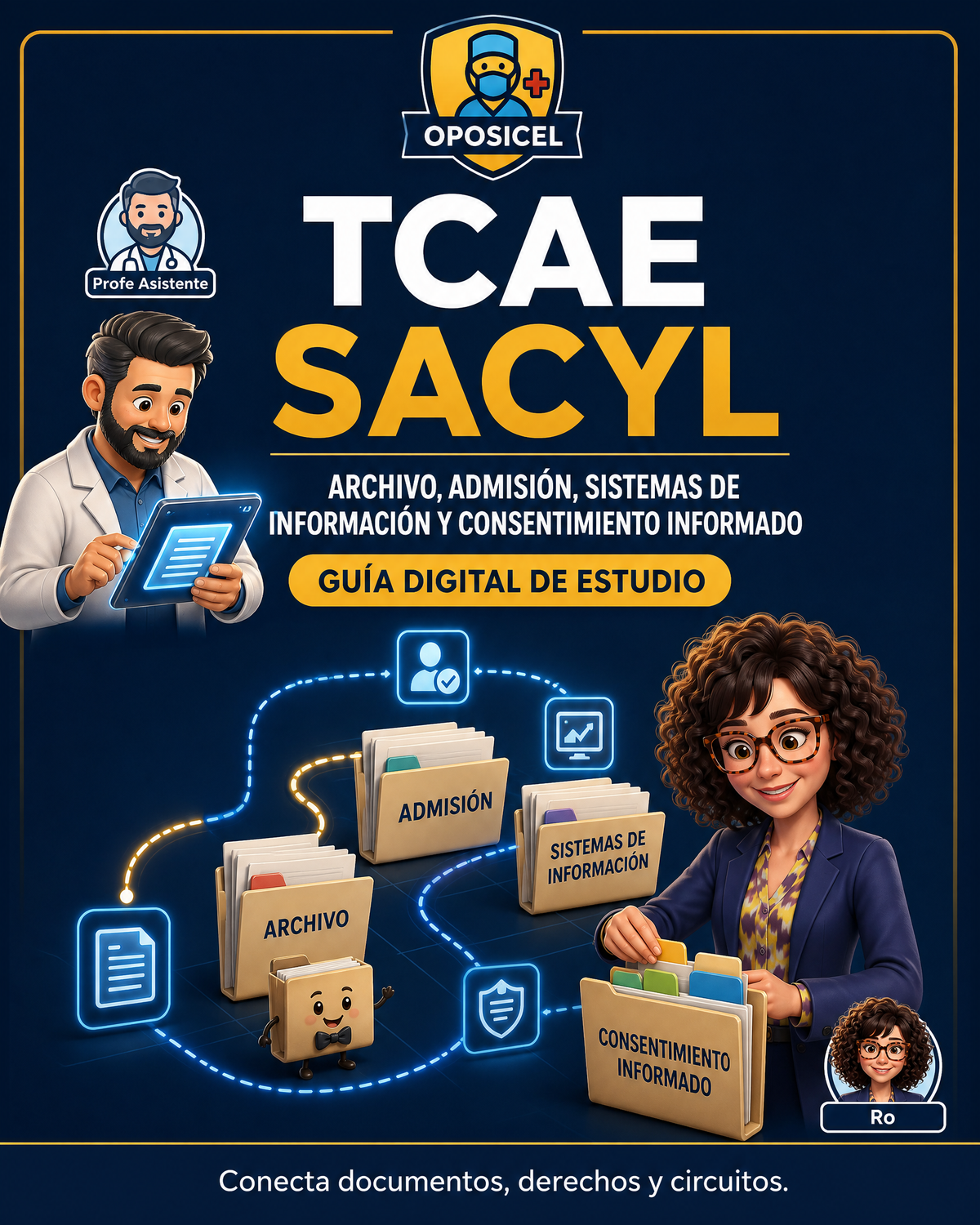 Portada OPOSICEL: TCAE SACYL: Archivo, admisión, sistemas de información y consentimiento informado. Recurso digital de preparación de oposiciones.