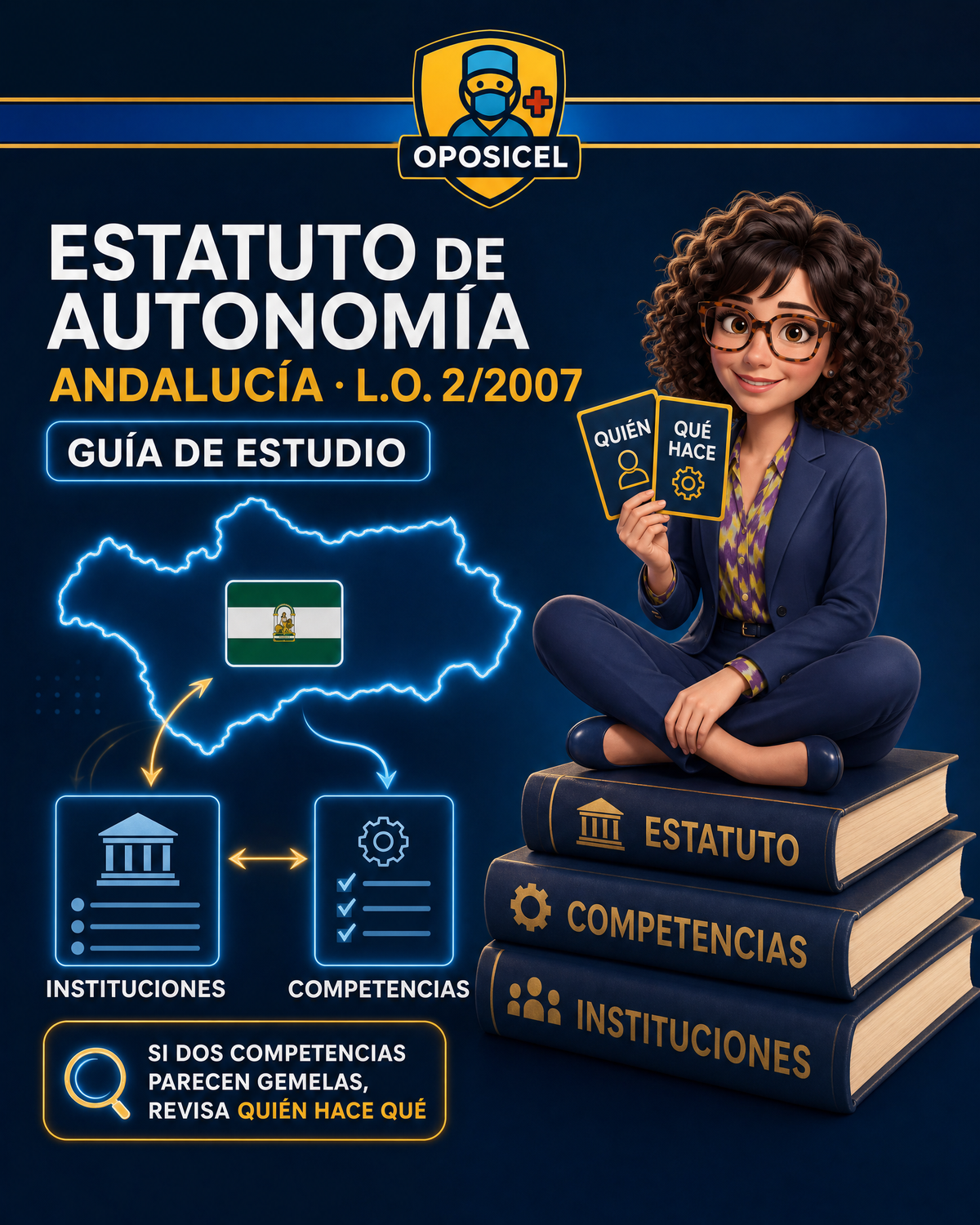OPOSICEL: portada del Estatuto de Autonomía de Andalucía con Ro y tarjetas de competencias